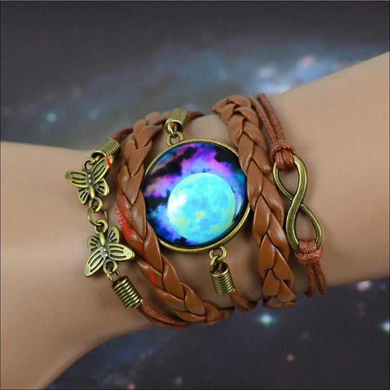 Galaxy bracelet Nebula Space Star Glass Cabochons Vintage Bronze Tone Leather Bracelet Friendship Best Gift EF8