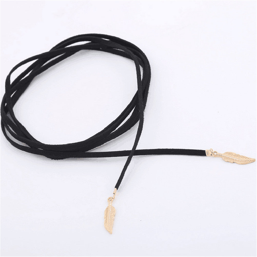 Gifts For Lady Elegant Women Long Black Velvet Rope Gold Leaf Pendant Choker Collar Necklace EF8