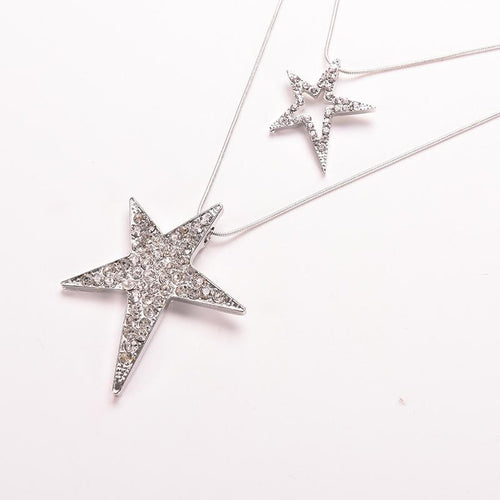 Gifts For Women Lady Jewelry Vintage Double Star Pendants Necklaces Rhineshone Long Sweater Chains Necklace EF8