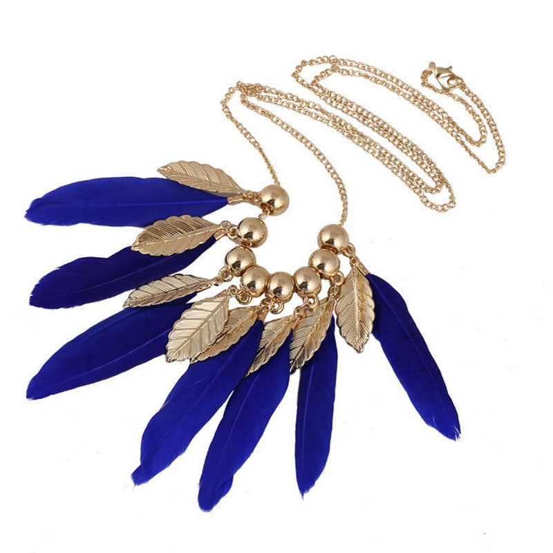 Gifts Women Big Leaves   Blue Feather Shape Necklaces s Pendants Elegant Women Choker Necklace EF8