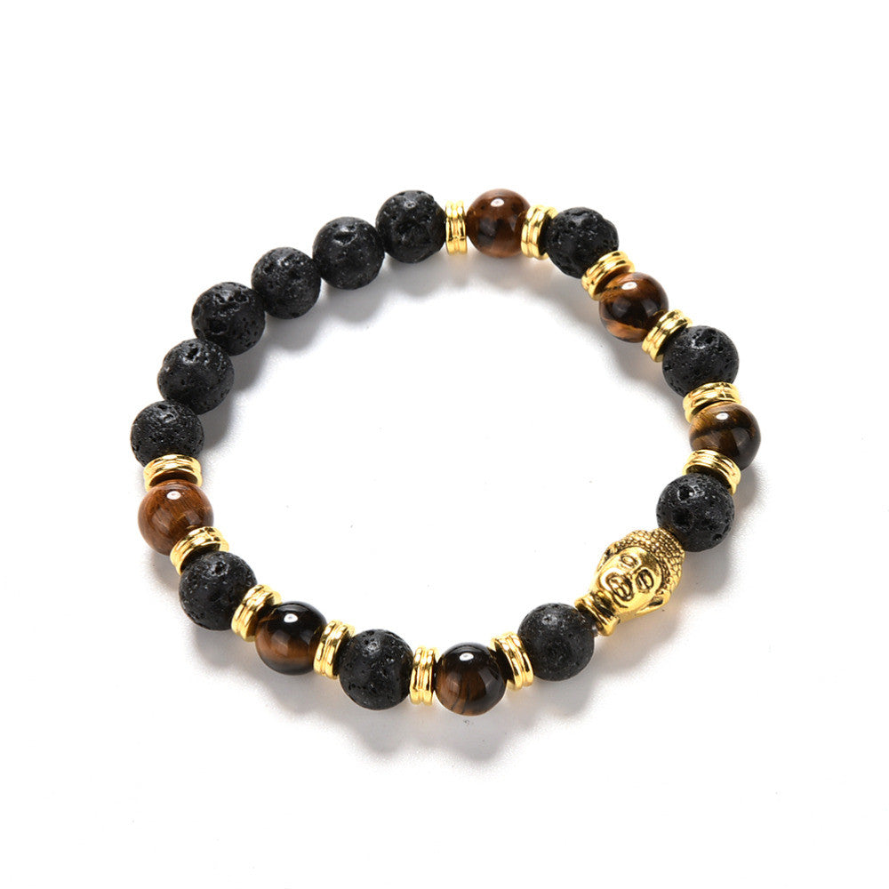 Gold Buddha Skull Elastic Bracelets Beaded Tibet Charm Lucky Bracelets S Black Color Men's Bracelet EF8