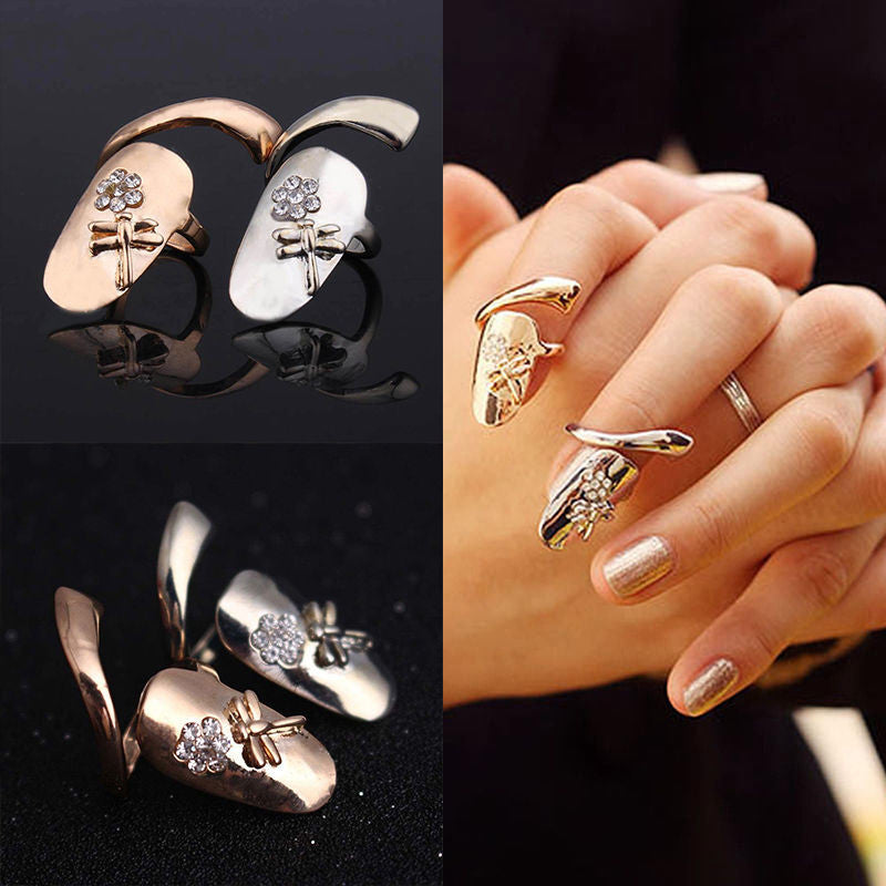 Gold Silver Finger nails Ring With Crystal Dragonfly Fine Jewelry Punk Women Rings Style EF8