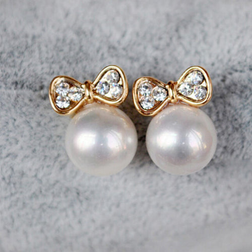 Gold Women Stud Earrings Gifts Bow Knot Pearl Stud Earrings For Women  EF8