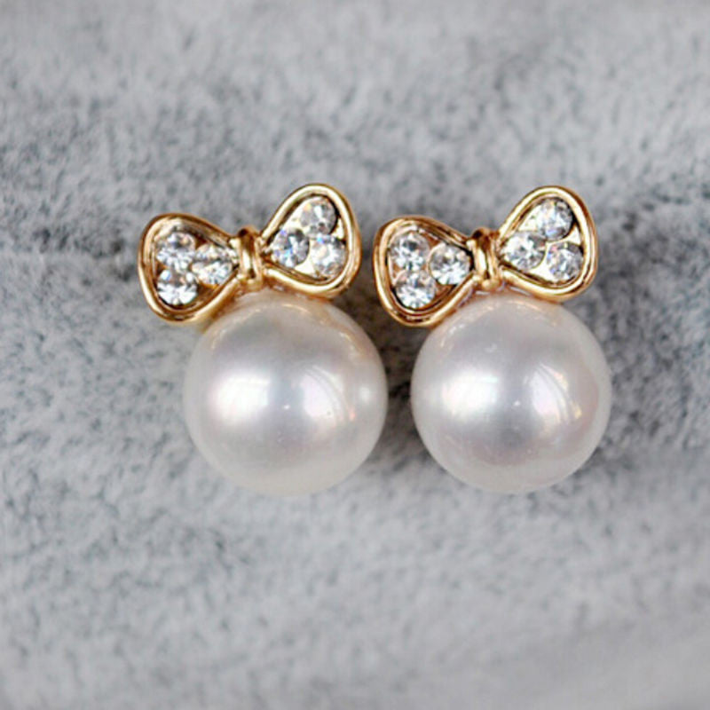 Gold Women Stud Earrings Gifts Bow Knot Pearl Stud Earrings For Women  EF8