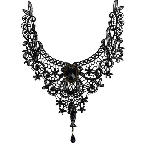 Gothic Collar Lace Necklace For Wedding Party Black Lace  Beads H made Short Choker Victorian Steampunk Style EF8
