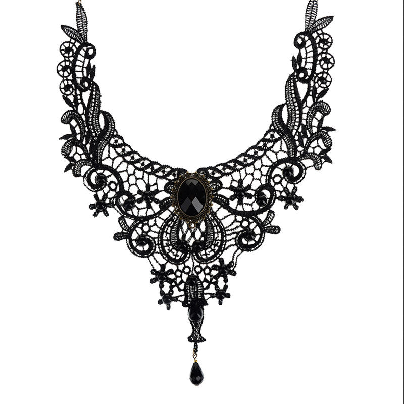 Gothic Collar Lace Necklace For Wedding Party Black Lace  Beads H made Short Choker Victorian Steampunk Style EF8
