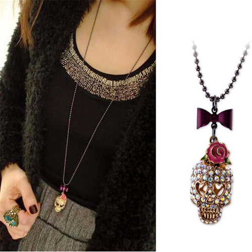 Gothic Hip Hop Skull Head Pendant Necklace With Rose Flower Bow Tie Femal Women Long Chain Sweater Necklace Jewelry EF8