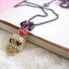 Gothic Hip Hop Skull Head Pendant Necklace With Rose Flower Bow Tie Femal Women Long Chain Sweater Necklace Jewelry EF8