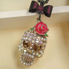 Gothic Hip Hop Skull Head Pendant Necklace With Rose Flower Bow Tie Femal Women Long Chain Sweater Necklace Jewelry EF8
