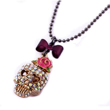 Gothic Hip Hop Skull Head Pendant Necklace With Rose Flower Bow Tie Femal Women Long Chain Sweater Necklace Jewelry EF8