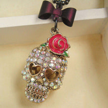 Gothic Hip Hop Skull Head Pendant Necklace With Rose Flower Bow Tie Femal Women Long Chain Sweater Necklace Jewelry EF8