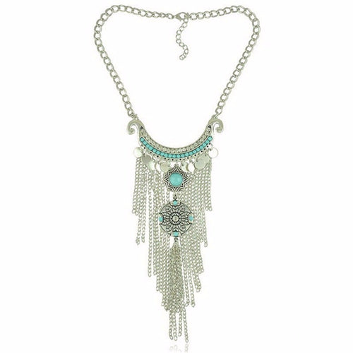 Bohemian Vintage Necklace Antique Silver Turquoise Jewelry Long Tassel Necklace Statement Necklace For Women EF8