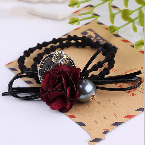 Hair Accessories Flower Hair Rope Big Flower Elastic Hair Ties Rhinestone Pearl Charms Rubber B  Elastic Headwear for Girls EF8