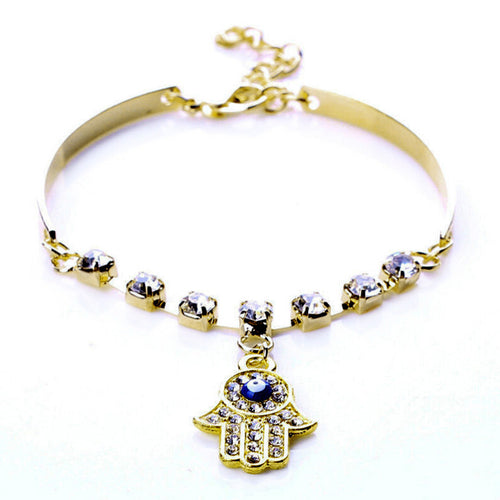 Hamsa Symbol Fatima H  Pendant Rhinestone Gold Plated Bracelet Bangle Jewelry Gift for Women EF8