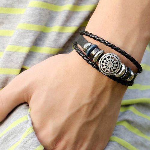 H made Retro PU Leather Woven Charm Bracelet Men Women Vintage Braided Bracelets Bangles Male Jewelry EF8