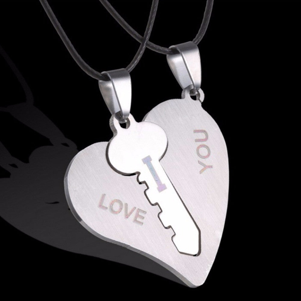 I Love You Couple Necklaces Set Lock Key Matching Heart Stainless Steel Pendant Necklace for Couples  2Pcs EF8