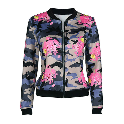 Jacket Vintage Womens basic coats Floral Print Ladies Biker Long Sleeve Zipper Jacket Cotton Overcoat chaquetas mujer EF8