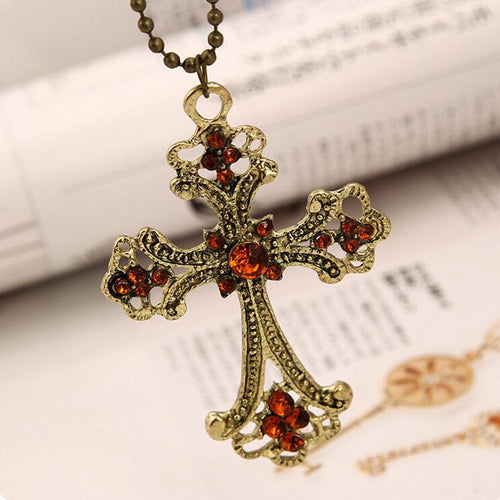 Jewelry Punk Cross Shape Pendant Necklace Vintage Bronze Champagne Crystal Rope Chain Necklace For Women Style EF8