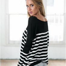 Korea Womens Long Sleeve Round Neck Stripe Splice Loose Shirt Tops Fast Shipping EF8