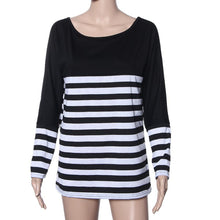 Korea Womens Long Sleeve Round Neck Stripe Splice Loose Shirt Tops Fast Shipping EF8