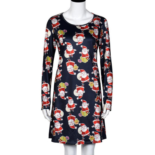Ladies Women Long Sleeve Santa Hat Printing Party Swing Dress EF8