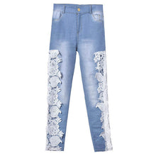 Gagaopt Made Fashion Long Lace Floral Skinny Spliced Hollow out Hole Straight Denim Jeans Pants for Women EF8