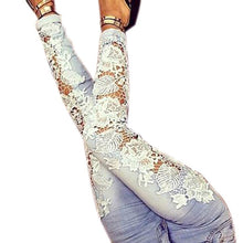 Gagaopt Made Fashion Long Lace Floral Skinny Spliced Hollow out Hole Straight Denim Jeans Pants for Women EF8