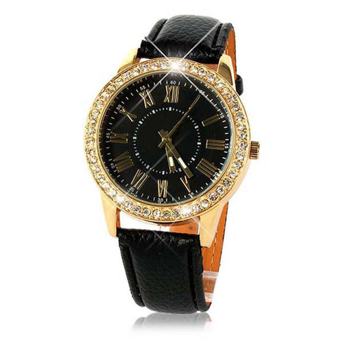 Fashion Women's Bling Gold Crystal Women Luxury Leather Strap Quartz Wrist Watch EF8