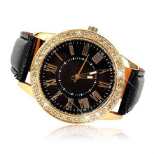 Fashion Women's Bling Gold Crystal Women Luxury Leather Strap Quartz Wrist Watch EF8