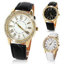 Fashion Women's Bling Gold Crystal Women Luxury Leather Strap Quartz Wrist Watch EF8