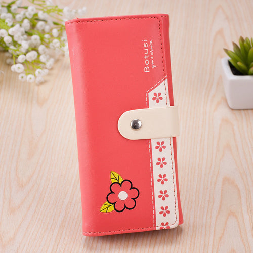 Korea Style Money Clip PU Leather Purse Flower Print Clutch Button Wallet Bag EF8