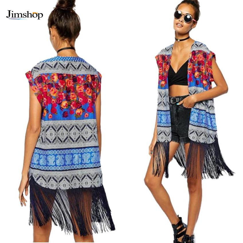 Fashion The Ethnic Style Blouses Print Mode Sleeveless Contrast Color Shirt Cardigan Tassel Kimono EF8