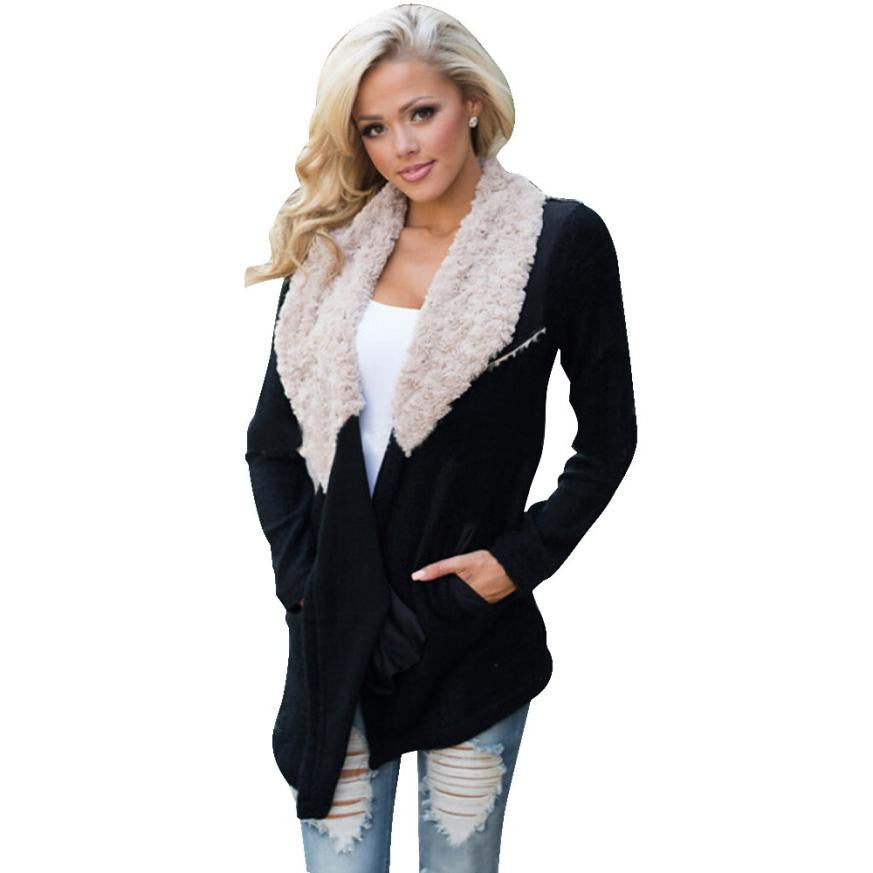 Patchwork Women's Fur Collar Outwear Cardigan Coat Black EF8