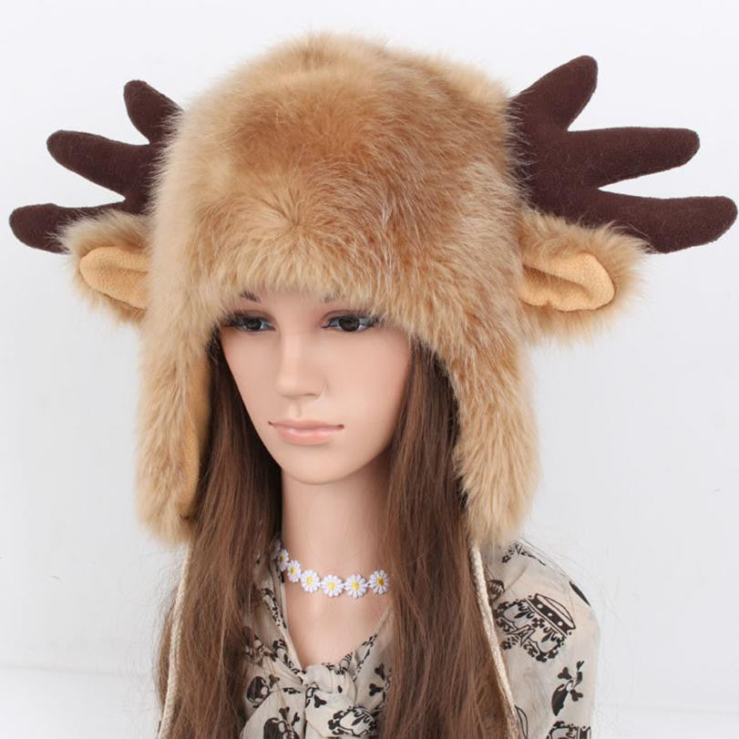 Women Ladies Fur Russian Pillbox Hat Women's Warm Hat Elk Horn EF8