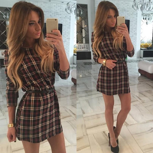 Fashion Elegant Red Plaid Long Sleeve Slim O-neck Fit Dress Contrast Lattice Dress Celebrity Women Dresses EF8