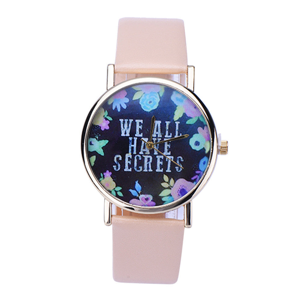 ing Women Leisure Fashion Collocation Letters Leather Wrist Watch Flower Print Analog Quartz Watch Tables EF8