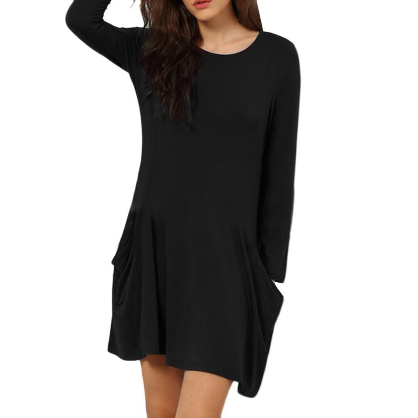 Casual Women Evening Party Long Sleeve Pocket Dress Women Sexy Dress EF8