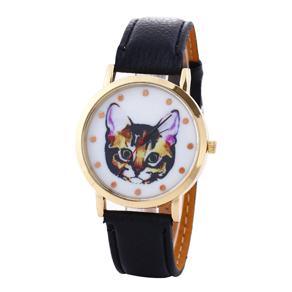 Cat Printed Women Men Fashion Leather Band Analog Quartz Vogue Wrist Watches Watch EF8