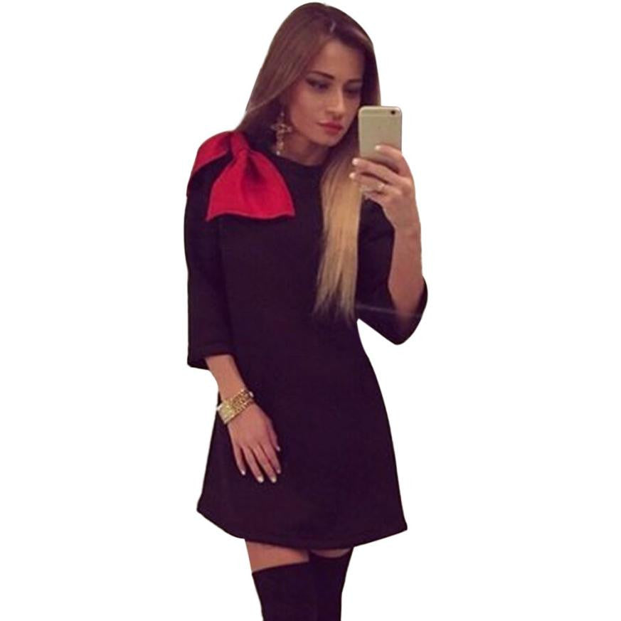 Fashion Women Vintage Bow O Neck Half Sleeve Dress Party Evening Mini Dress Plus Size EF8