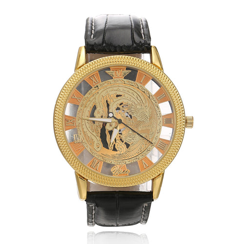 Fashion Luxury Phoenix Rome Digital Leather Hollow Dial Quartz Wrist Watch Business Clock EF8