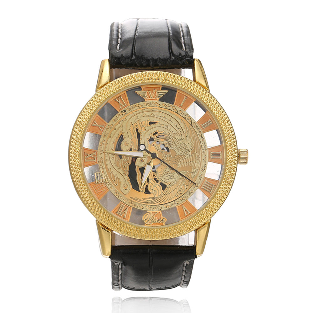 Fashion Luxury Phoenix Rome Digital Leather Hollow Dial Quartz Wrist Watch Business Clock EF8