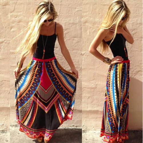 Fashion Women Vintage Print Bohemian Maxi Long Waist Skirts Plus Size EF8