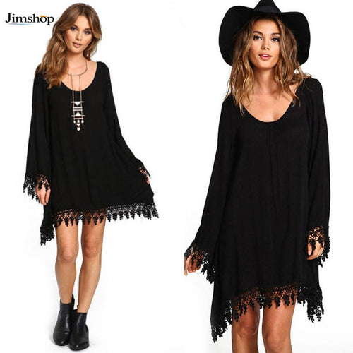 Asymmetric Clothing O-Neck Casual Women Black Long Sleeve Tassels Loose Mini Dress EF8