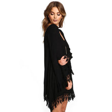 Asymmetric Clothing O-Neck Casual Women Black Long Sleeve Tassels Loose Mini Dress EF8