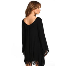 Asymmetric Clothing O-Neck Casual Women Black Long Sleeve Tassels Loose Mini Dress EF8