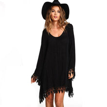 Asymmetric Clothing O-Neck Casual Women Black Long Sleeve Tassels Loose Mini Dress EF8
