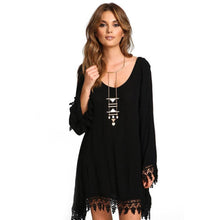 Asymmetric Clothing O-Neck Casual Women Black Long Sleeve Tassels Loose Mini Dress EF8