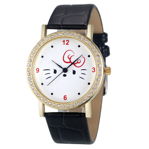 Fashion Women Diamond Cat Analog Leather Quartz Wrist Watch Watches EF8