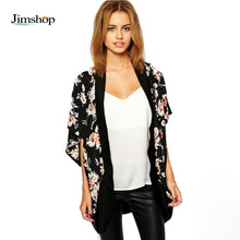 Kimono Cardigan Women Fashion Floral Printed Splice Chiffon Shawl Tops Cover up For Ladies Women Blouse Black EF8