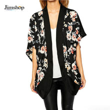 Kimono Cardigan Women Fashion Floral Printed Splice Chiffon Shawl Tops Cover up For Ladies Women Blouse Black EF8